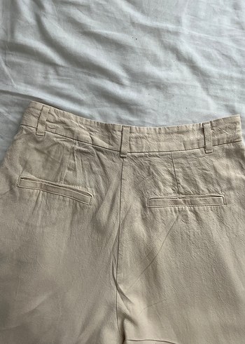 s Beden Bej Keten Geniş Kesim Pileli Kadın Pantolon