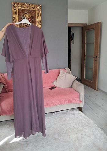 Uzun Kollu Mor Drapeli Abiye Elbise - Görsel 2
