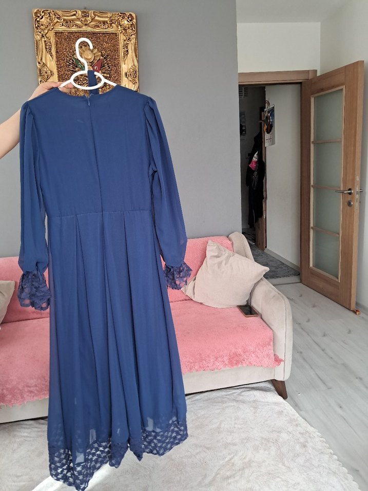 Uzun Kollu Mor Drapeli Abiye Elbise - Görsel 4