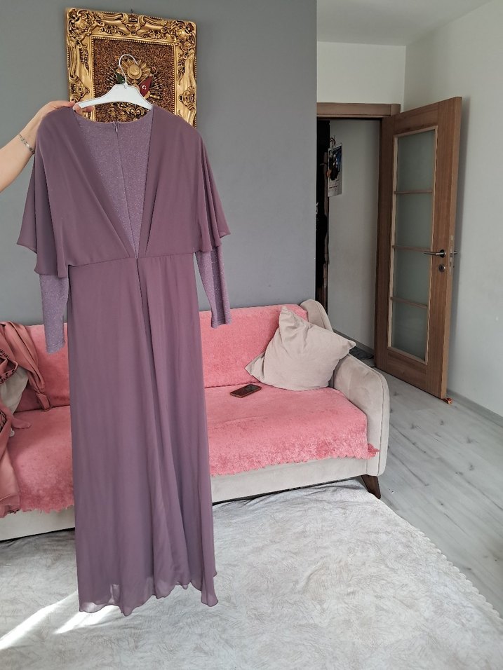 Uzun Kollu Mor Drapeli Abiye Elbise - Görsel 2