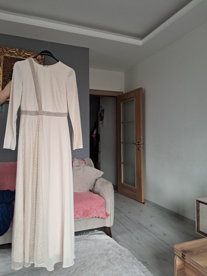 Uzun Kollu Mor Drapeli Abiye Elbise - Görsel 5