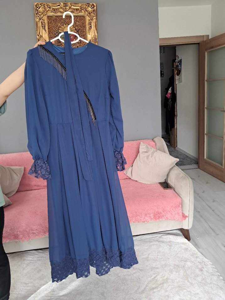 Uzun Kollu Mor Drapeli Abiye Elbise - Görsel 3