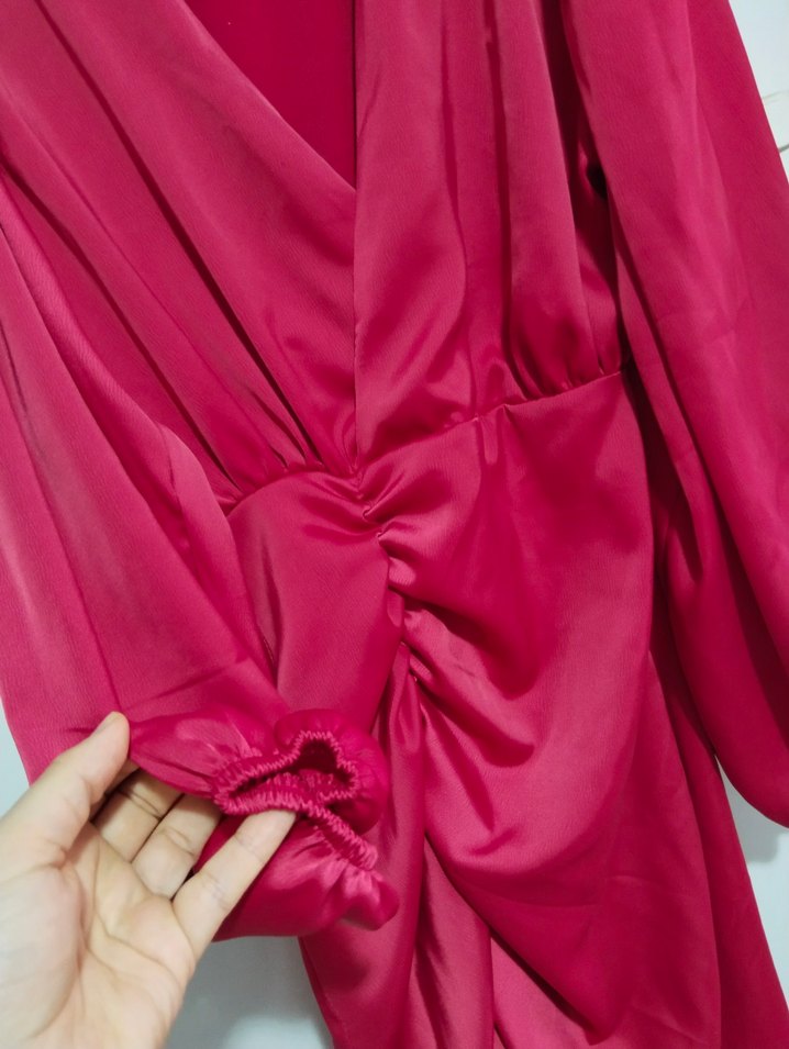 nar çiçeği Drapeli Uzun Kadın Elbise - Görsel 3