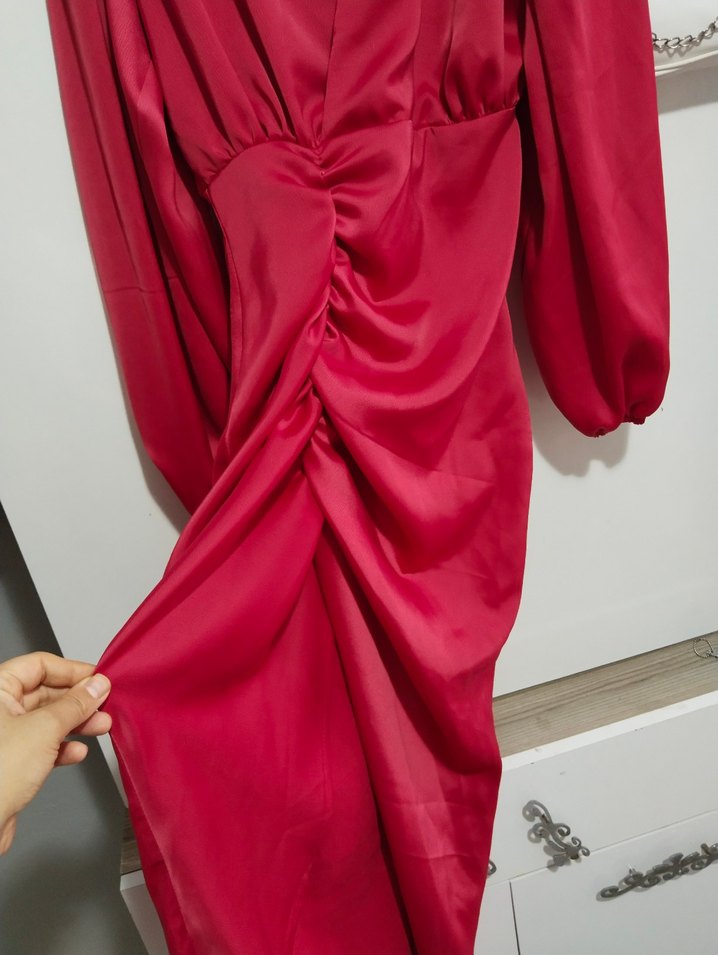 nar çiçeği Drapeli Uzun Kadın Elbise - Görsel 4