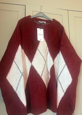 Touche Bordo Ekose Desenli Kadın Triko Kazak - Görsel 2