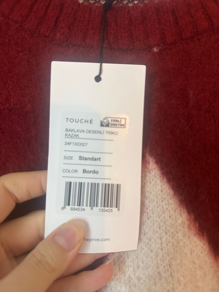 Touche Bordo Ekose Desenli Kadın Triko Kazak - Görsel 3