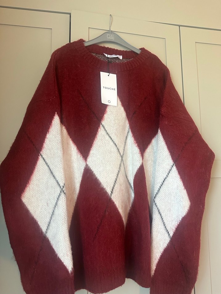 Touche Bordo Ekose Desenli Kadın Triko Kazak - Görsel 2