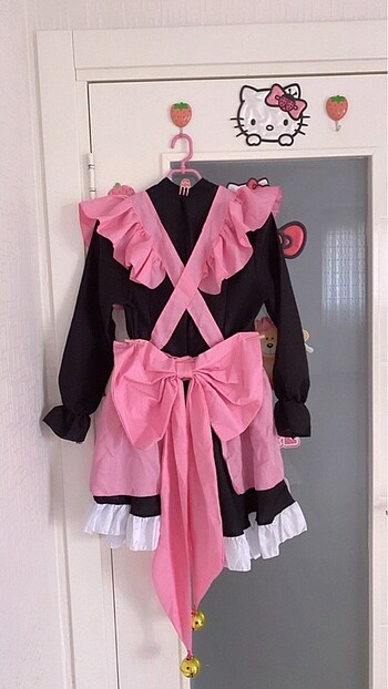 Babydoll Pembe Siyah Kurdeleli Maid dress Hizmetçi Elbisesi