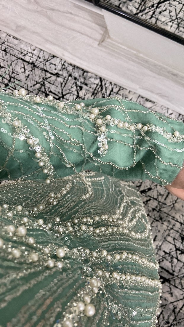 Uzun Kol, İşlemeli Turkuaz Abiye Elbise - Görsel 5