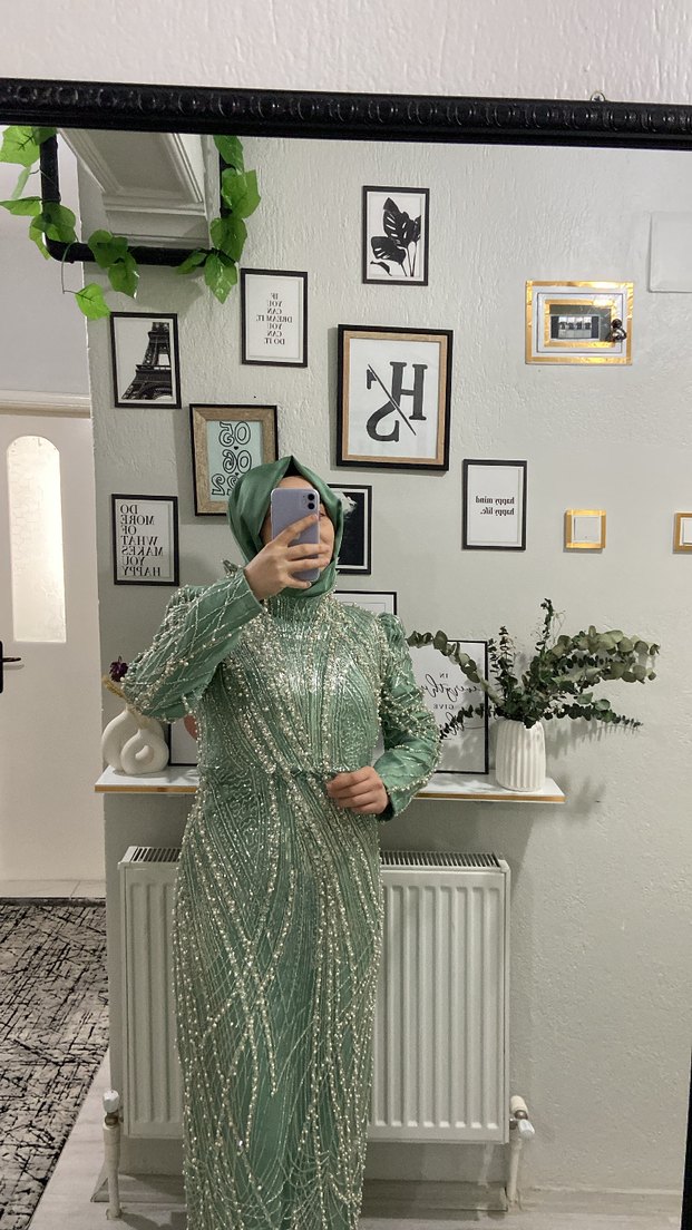 Uzun Kol, İşlemeli Turkuaz Abiye Elbise - Görsel 4