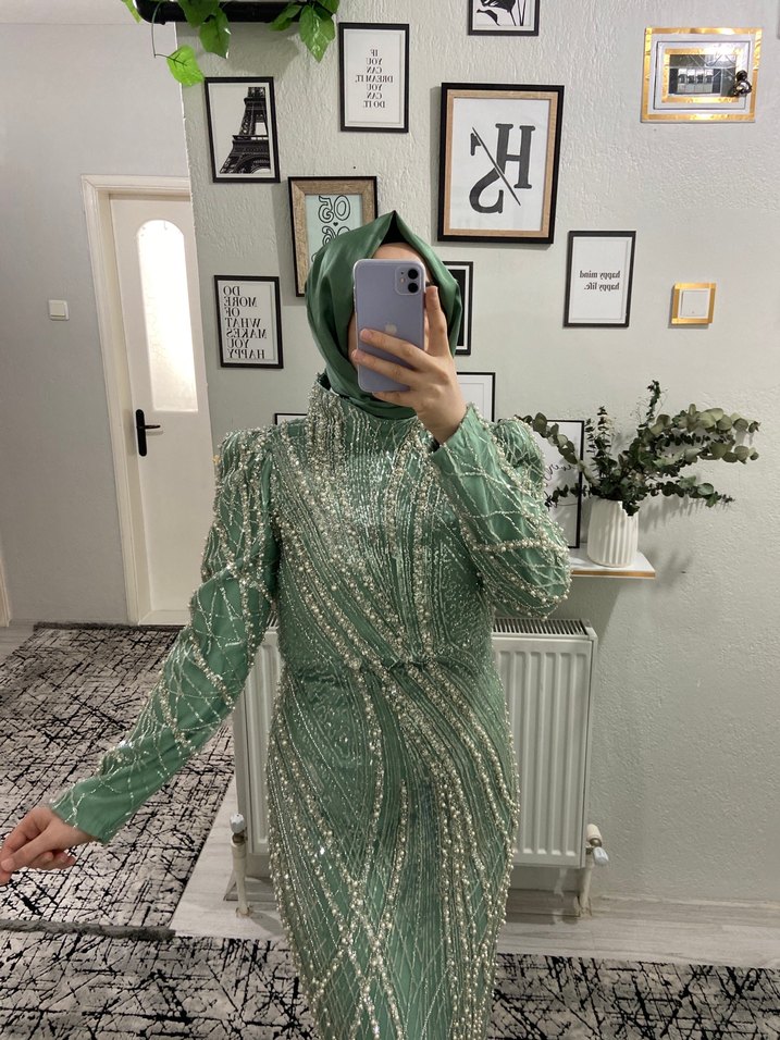 Uzun Kol, İşlemeli Turkuaz Abiye Elbise - Görsel 3