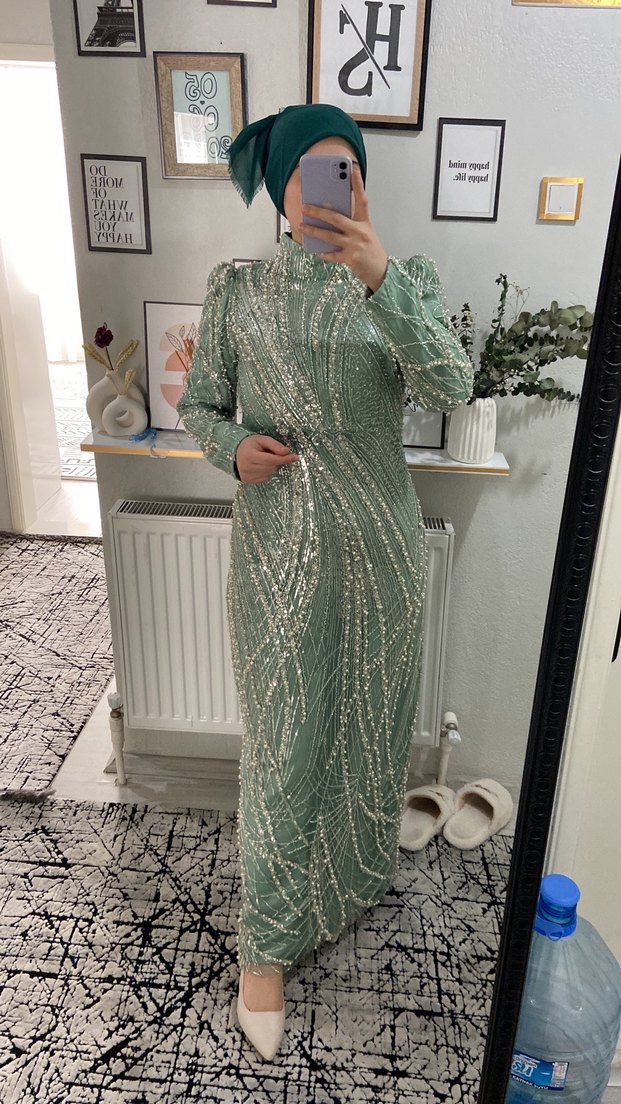 Uzun Kol, İşlemeli Turkuaz Abiye Elbise - Görsel 2