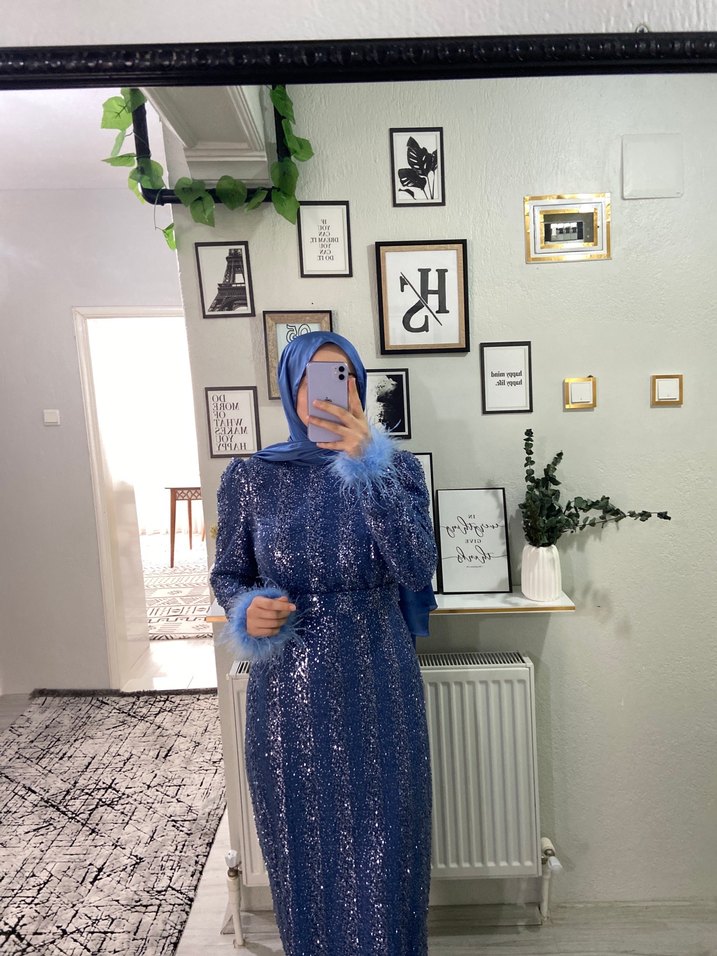 Tüy Detaylı taşlı Abiye Elbise - Görsel 4