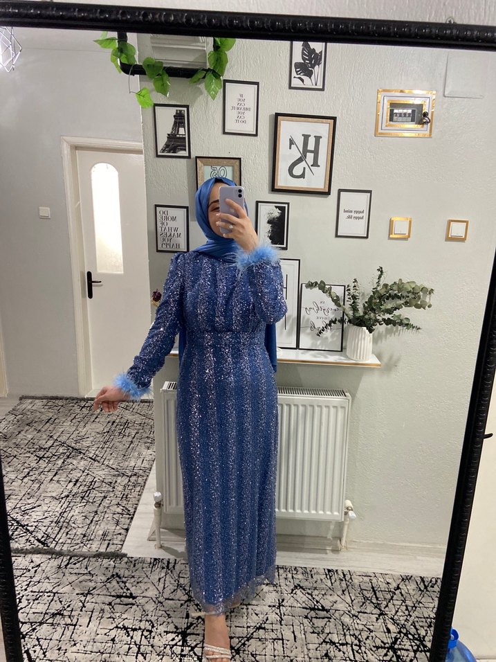 Tüy Detaylı taşlı Abiye Elbise - Görsel 5