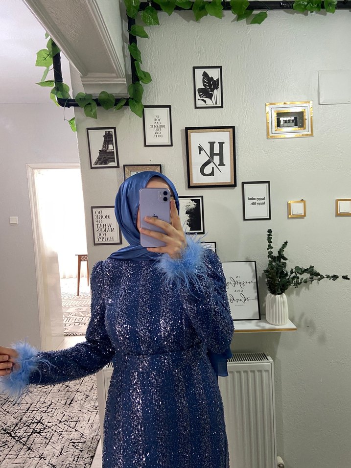 Tüy Detaylı taşlı Abiye Elbise - Görsel 3