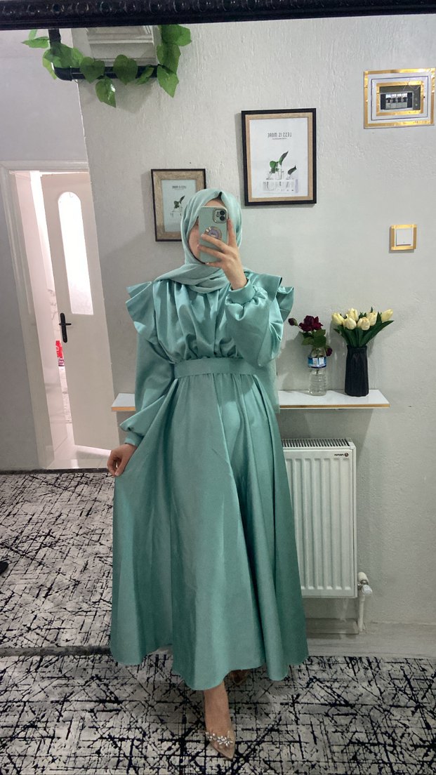 Turkuaz Drapeli Uzun Salaş Kadın Elbise - Görsel 3