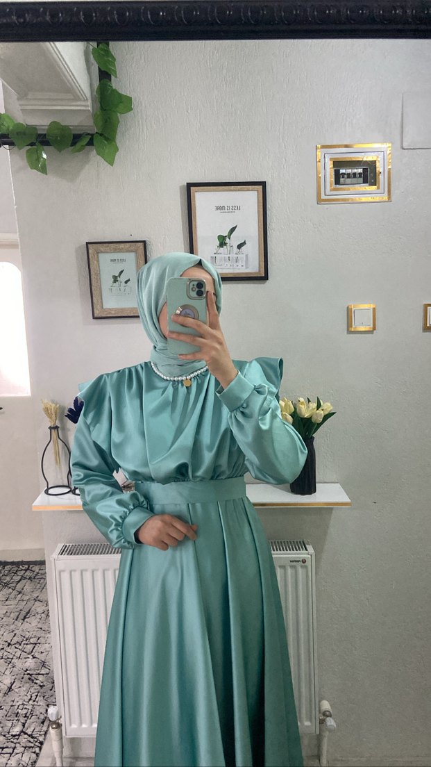 Turkuaz Drapeli Uzun Salaş Kadın Elbise - Görsel 2