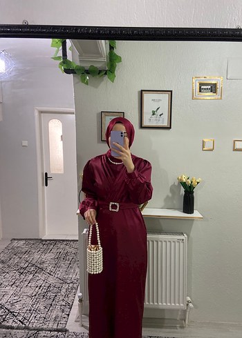 Bordo Uzun Kollu Drapeli Abiye Elbise - Görsel 4