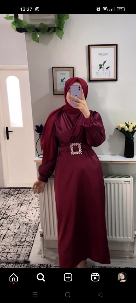 Bordo Uzun Kollu Drapeli Abiye Elbise - Görsel 2