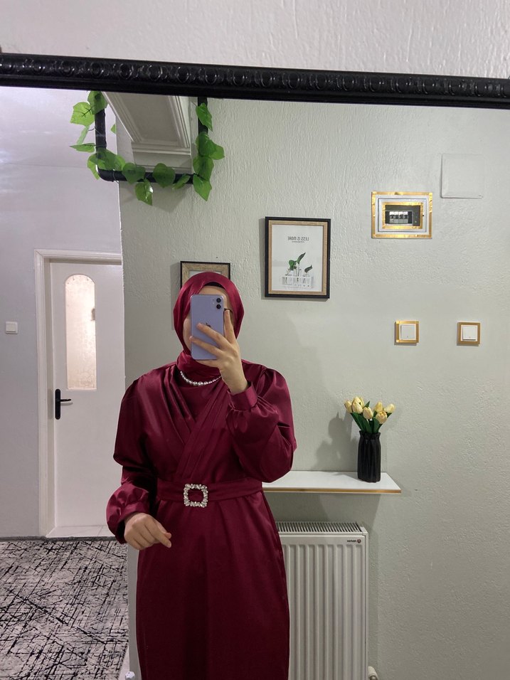 Bordo Uzun Kollu Drapeli Abiye Elbise - Görsel 5