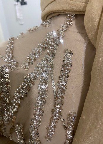 Nakışlı Bej Uzun Abiye Elbise - Görsel 11