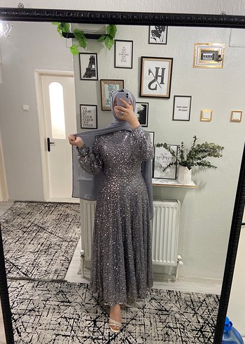 Gri Payetli Uzun Kollu Uzun Abiye Elbise - Görsel 7