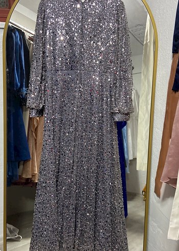 Gri Payetli Uzun Kollu Uzun Abiye Elbise - Görsel 5
