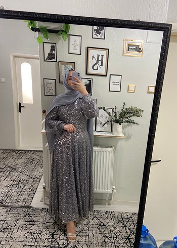 Gri Payetli Uzun Kollu Uzun Abiye Elbise - Görsel 8