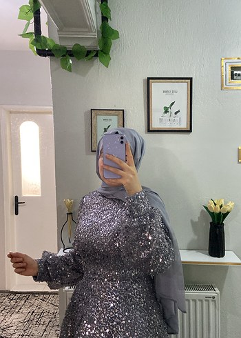 Gri Payetli Uzun Kollu Uzun Abiye Elbise - Görsel 13