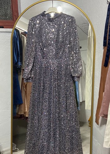 Gri Payetli Uzun Kollu Uzun Abiye Elbise - Görsel 2