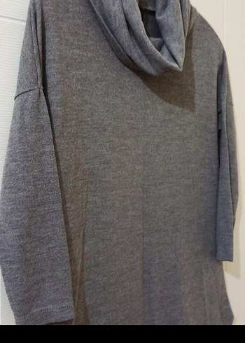 Gri Yüksek Yakalı Kadın Keten Kazak - Görsel 3