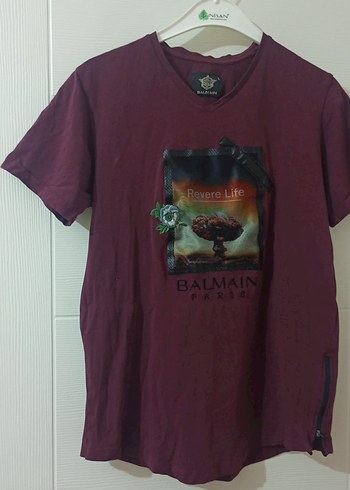 Bordo Balmain Baskılı Düğmeli Erkek Tişört