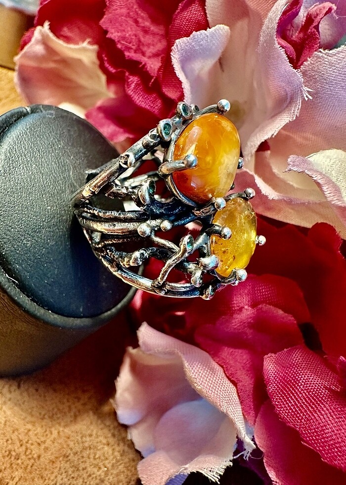 Damla kehribar özel tasarım bayan yüzük 925 ayar gümüş - Görsel 5