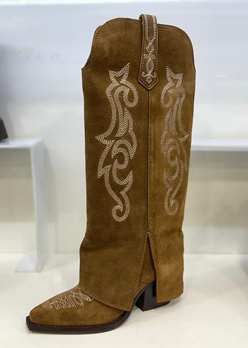 Kahverengi Nakışlı Süet Kadın Diz Boyu Bot - Görsel 6