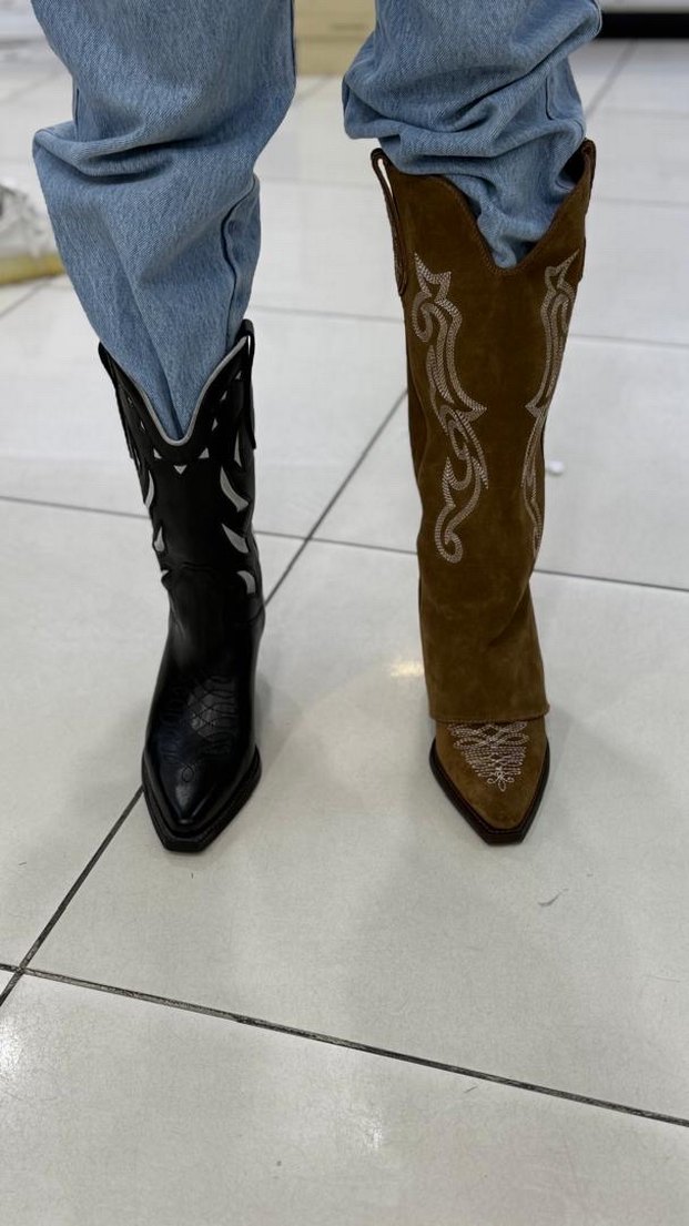 Kahverengi Nakışlı Süet Kadın Diz Boyu Bot - Görsel 2