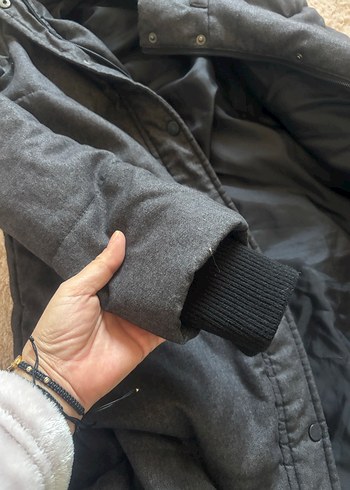 Gri Uzun Kadın Kış Montu, Kürklü Detaylı - Görsel 9