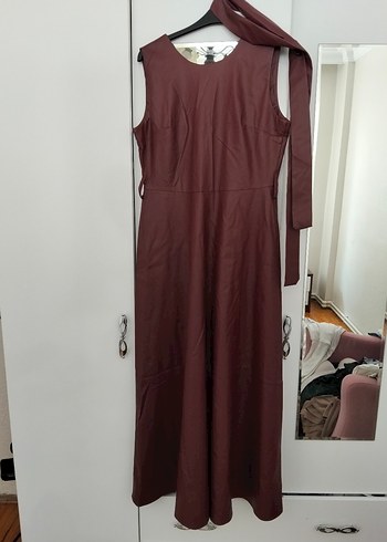 Bordo deri Uzun Kolsuz Kadın Elbise