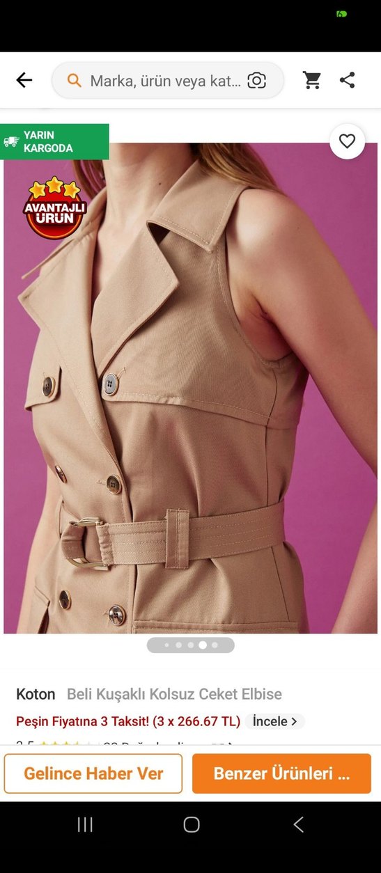 Koton Kolsuz Bej Keten Ceket Elbise - Görsel 3