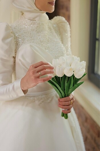 Butik Şenkal Saten İncili Tesettür Gelinlik - Görsel 7