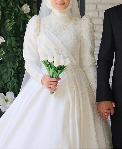 Butik Şenkal Saten İncili Tesettür Gelinlik - Görsel 6