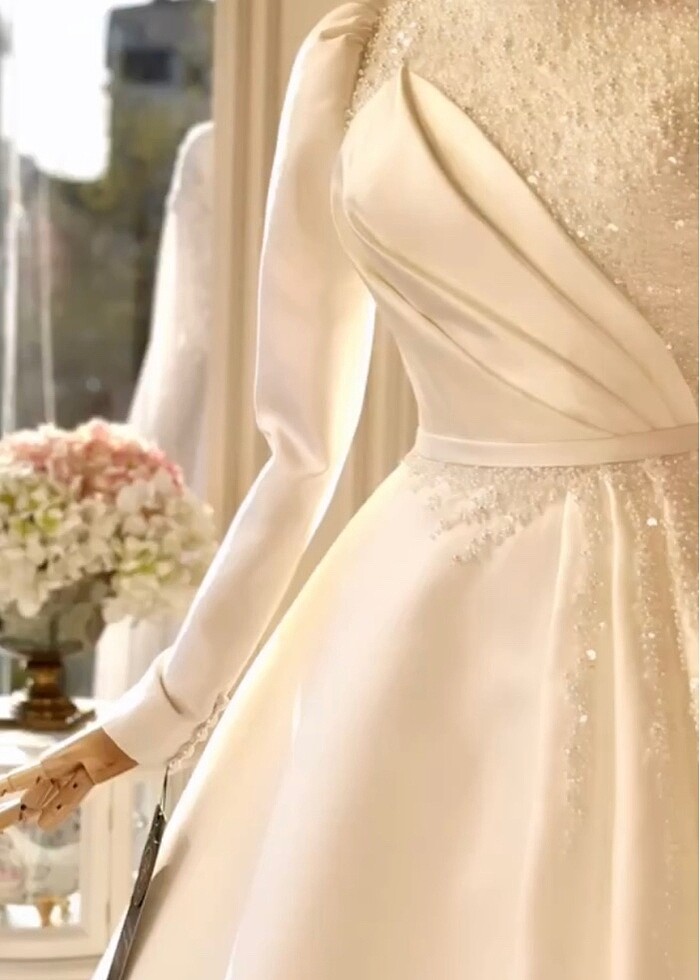 Butik Şenkal Saten İncili Tesettür Gelinlik - Görsel 2