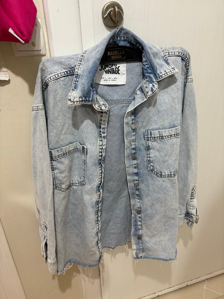 Oversize kalıp yıkamalı Denim gömlek - Görsel 3
