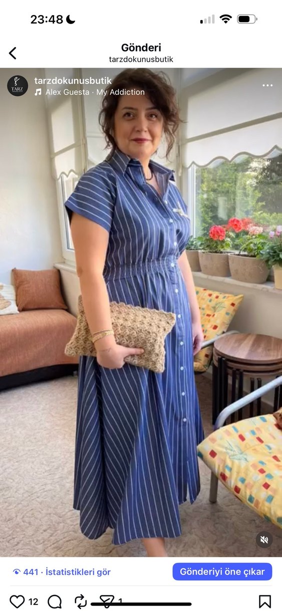 Düğmeli Çizgili Lacivert beymen elbise - Görsel 2