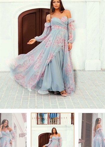 Carmen İndigo Empirme Uzun Abiye Elbise - Görsel 5