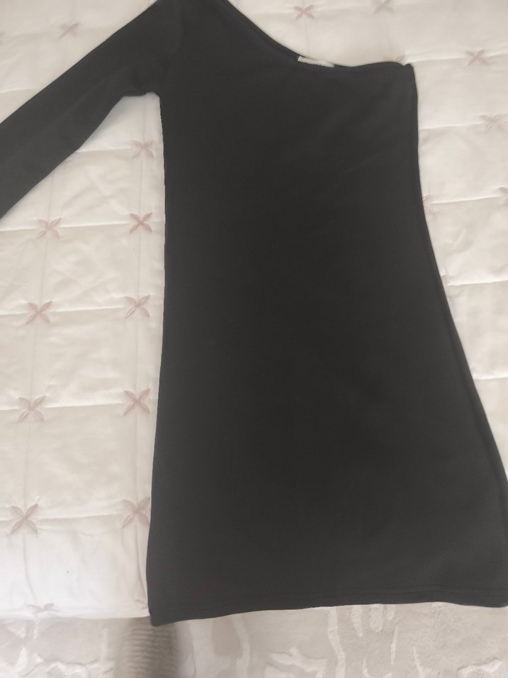 Siyah V Yakalı Hamile Mini Elbise tek omuz s beden - Görsel 2