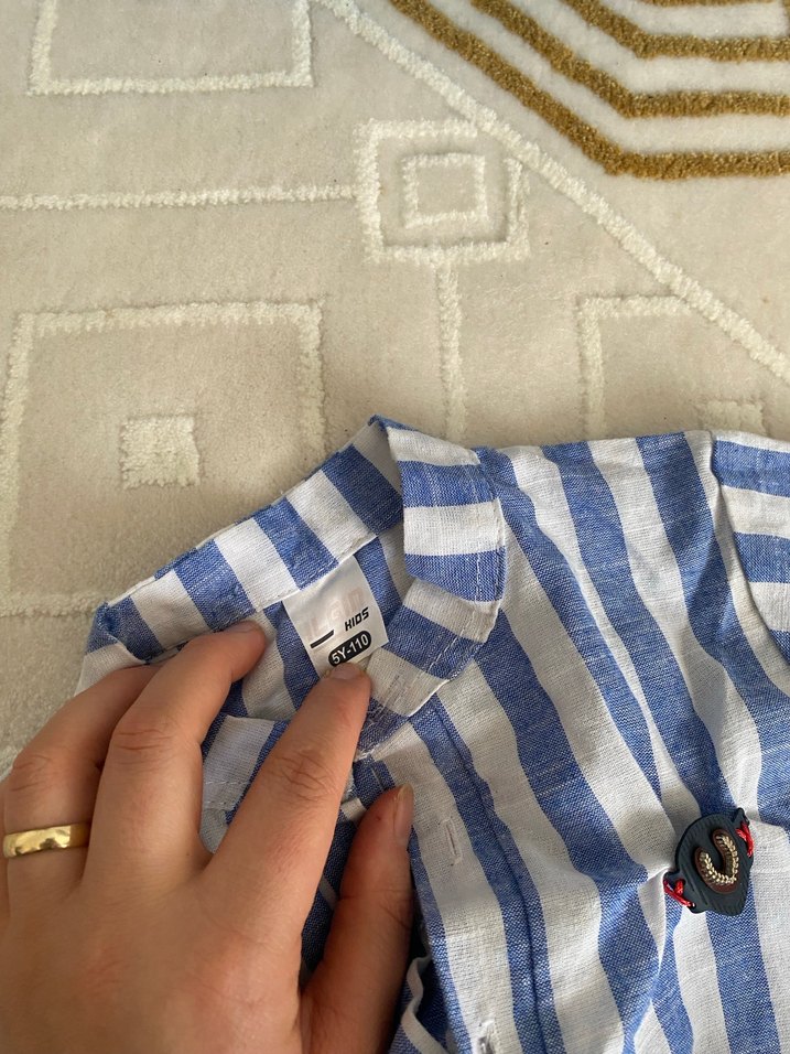 Erkek Çocuk Mavi Çizgili Kısa Kollu Gömlek - Görsel 4