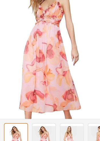 Pembe Bohem çiçekli fırfırli şifon Uzun Elbise - Görsel 2