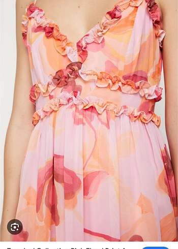 Pembe Bohem çiçekli fırfırli şifon Uzun Elbise - Görsel 4