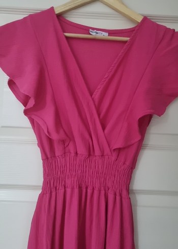 Fuşya Beli Gipeli Kolu Fırfırlı Midi Elbise - Görsel 4