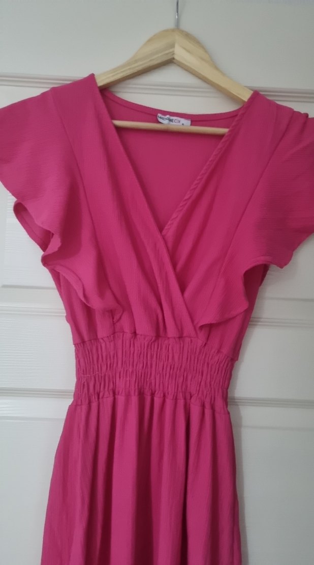 Fuşya Beli Gipeli Kolu Fırfırlı Midi Elbise - Görsel 4